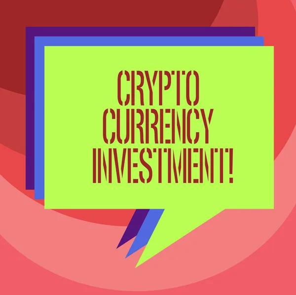 Tekst teken weergegeven: Crypto valuta investeringen. Conceptuele foto wordt een langdurige vertrouwde winkel van waarde Stack van toespraak Bubble verschillende kleur leeg kleurrijke opgestapeld tekstballon. — Stockfoto