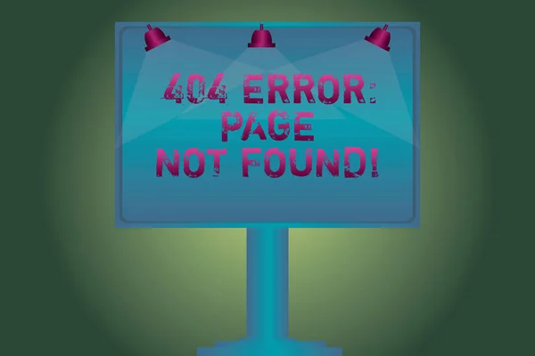 Conceptual mão escrita mostrando 404 Página de erro não encontrado. Foto de negócios exibindo Webpage no servidor foi removido ou movido lâmpada em branco iluminado cor Signage ao ar livre anúncios montados na perna . — Fotografia de Stock