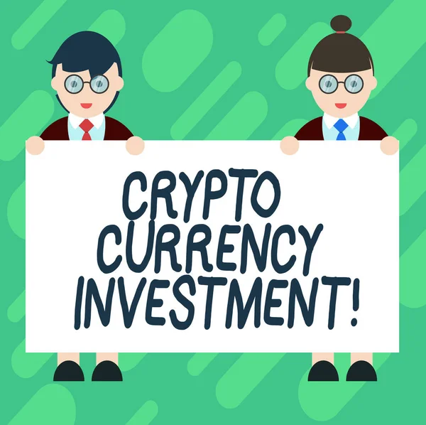 Conceptual hand writing showing Crypto Currency Investment. Business photo showcasing will become a longterm trusted store of value Male and Female in Uniform Holding Placard Banner Text Space.