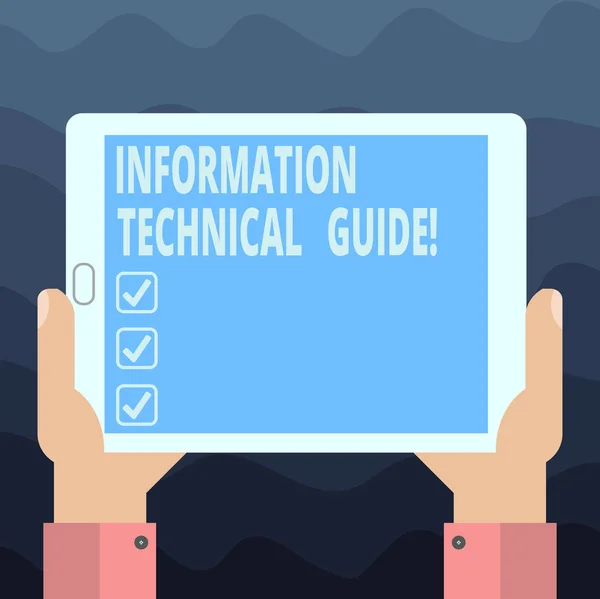 Nota de Escritura que muestra la Guía Técnica de la Información. Exhibición de fotos comerciales Documento que contiene instrucciones de operación Análisis de Hu Tableta de sujeción de manos Pantalla de Smartphone Unidad de visualización de fotos . — Foto de Stock