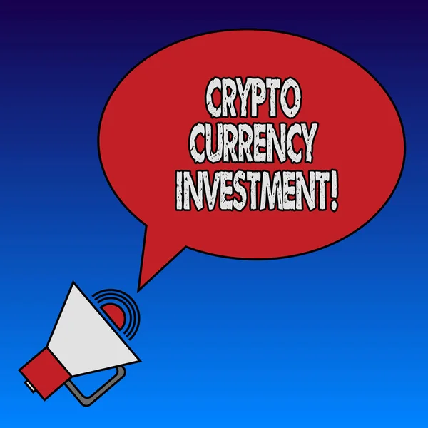 Writing note showing Crypto Currency Investment. Business photo showcasing will become a longterm trusted store of value Oval Outlined Speech Bubble Text Balloon Megaphone with Sound icon. — Stock Photo, Image