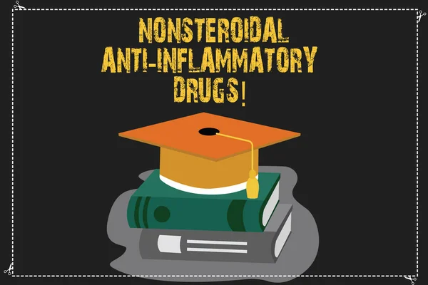 Writing note showing Nonsteroidal Anti Inflammatory Drugs. Business photo showcasing class of medicine that reduces pain Color Graduation Hat with Tassel 3D Academic cap on Books. — Stock Photo, Image