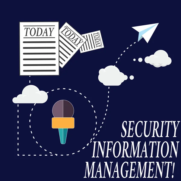 Tekst teken weergegeven: Security Information Management. Conceptuele foto verzamelen en analyseren van veiligheidsgegevens registreert informatie en documenten passeren via Cloud Hosting snel levering van gegevens. — Stockfoto