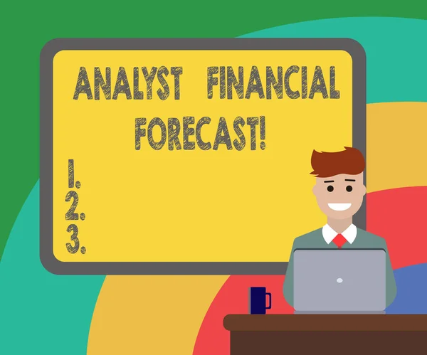 Escrita de mão conceitual mostrando Analista Previsão Financeira. Foto de negócios mostrando estimativa de resultados financeiros futuros de uma empresa Bordered Board por trás Man Smiling with Laptop Mug on Desk . — Fotografia de Stock