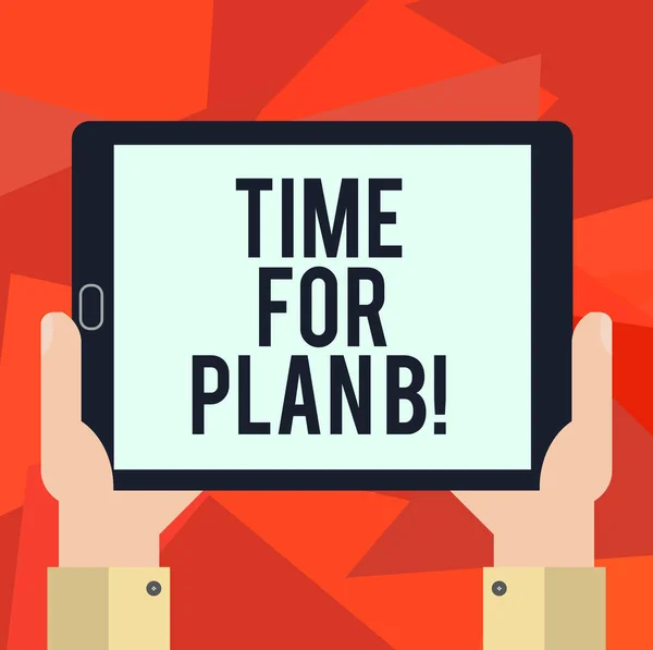 Word writing text time for plan b. business concept for apply new strategies to get success changing plans hu analysis hand holding blank screen tablet smartphone display unit photo. — Stockfoto