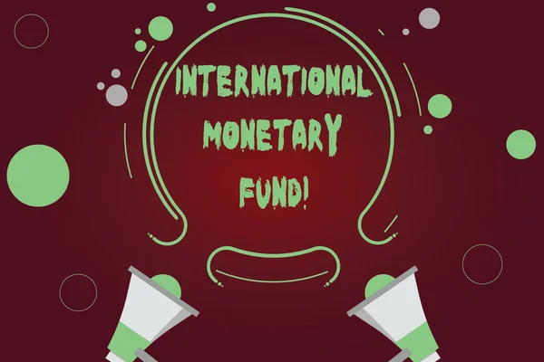 Handwriting text writing International Monetary Fund. Concept meaning promotes international financial stability Two Megaphone and Circular Outline with Small Circles on Color Background.