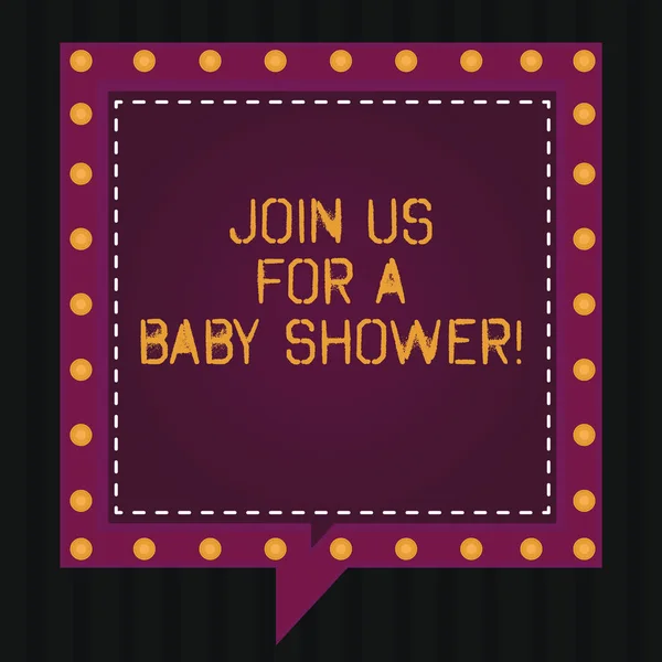 Text sign showing Join Us For A Baby Shower. Conceptual photo Invitation to celebrate the next baby coming Square Speech Bubbles Inside Another with Broken Lines Circles as Borders.