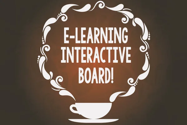 Word writing text E Learning Interactive Board. Business concept for integrated set of interactive online services Cup and Saucer with Paisley Design as Steam icon on Blank Watermarked Space.