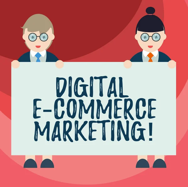 Text sign showing Digital E Commerce Marketing. Conceptual photo buying and selling of goods and services online Male and Female in Uniform Standing Holding Blank Placard Banner Text Space.