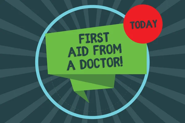 Text sign showing First Aid From A Doctor. Conceptual photo Medical assistance health care examinings support Folded 3D Ribbon Strip inside Circle Loop on Halftone Sunburst photo.
