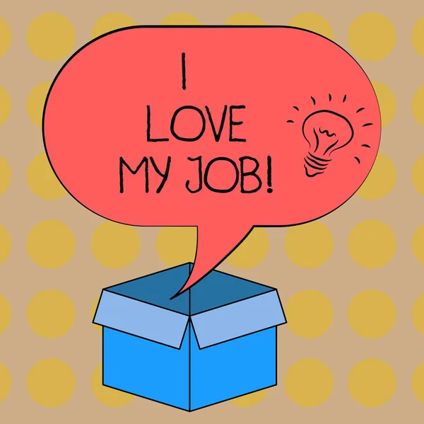 Σύνταξη κειμένου λέξη αγαπώ τη δουλειά μου. Επιχειρηματική ιδέα για να έχουν την αγάπη ή πάθος για το επάγγελμα που επέλεξε ιδέα εικονίδιο μέσα κενό ράστερ ομιλία φούσκα πάνω από ένα ανοικτό κουτί. — Φωτογραφία Αρχείου