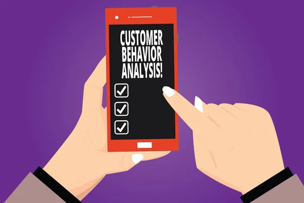 Text sign showing Customer Behavior Analysis. Conceptual photo buying behaviour of consumers who use goods Hu analysis Hands Holding Pointing Touching Smartphone Blank Color Screen.