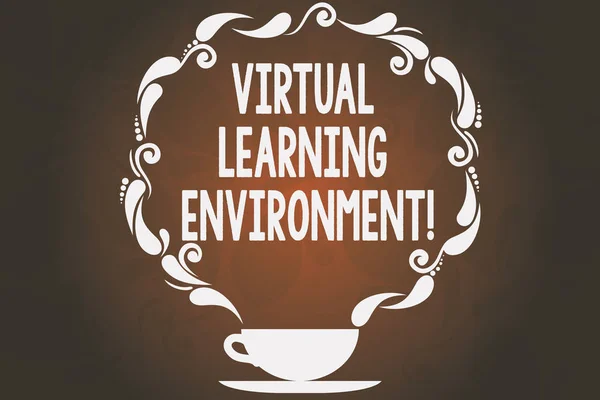 Word writing text Virtual Learning Environment. Business concept for webbased platform kind of education technology Cup and Saucer with Paisley Design as Steam icon on Blank Watermarked Space.
