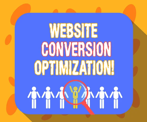 Writing note showing Website Conversion Optimization. Business photo showcasing System for increasing website visitors Magnifying Glass Over Chosen Man Hu analysis Dummies Line Up.