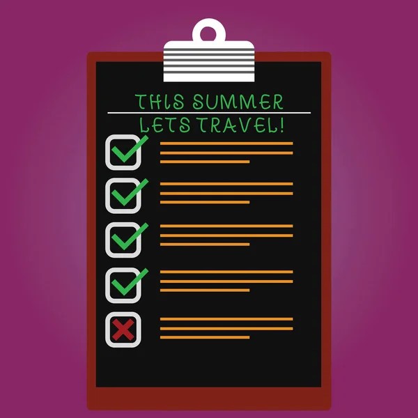 Handwriting text This Summer Lets Travel. Concept meaning Invitation to trip on vacations sunny season of year Lined Color Vertical Clipboard with Check Box photo Blank Copy Space. — Stock Photo, Image