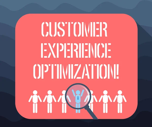 Writing note showing Customer Experience Optimization. Business photo showcasing approach to the customer experience Magnifying Glass Over Chosen Man Hu analysis Dummies Line Up.