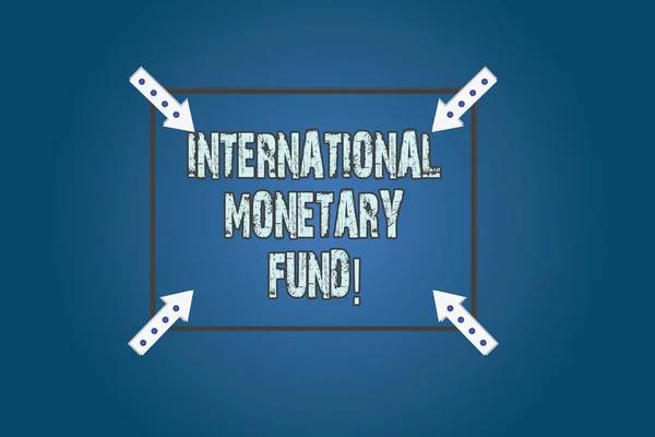Conceptual hand writing showing International Monetary Fund. Business photo text promotes international financial stability Square Outline with Corner Arrows Pointing on Color Background.