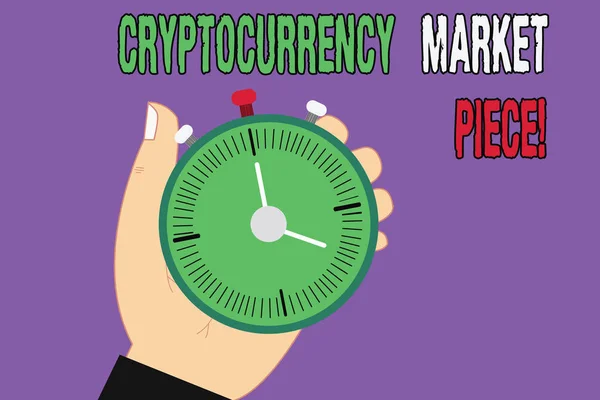 Handgeschreven tekst Cryptocurrency markt stuk. Begrip betekenis van digitale activa die kan worden uitgewisseld of handel Hu analyse Hand Holding mechanische Stop Watch Timer met Stop knop Start. — Stockfoto