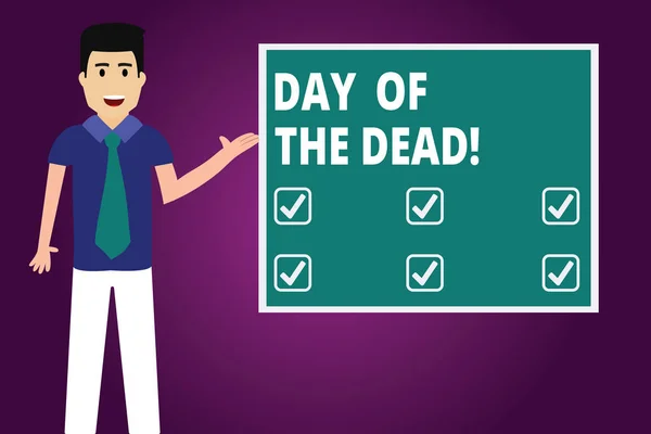 Text sign showing Day Of The Dead. Conceptual photo Mexican celebration honouring showing that have passed away Man with Tie Standing Talking Presenting Blank Color Square Board photo. — Stock Photo, Image