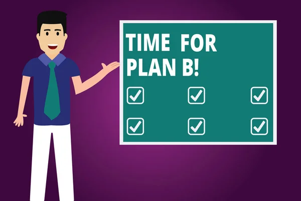 Text sign showing Time For Plan B. Conceptual photo Apply new strategies to obtain success changing plans Man with Tie Standing Talking Presenting Blank Color Square Board photo. — Stock Photo, Image