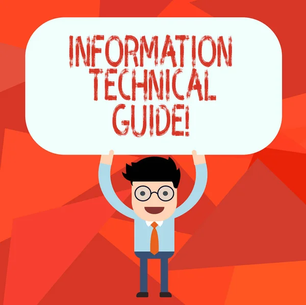 显示信息技术指南的概念手写。商务照片文本文档, 其中包含操作指示的人持有以上的头空白矩形彩色板. — 图库照片