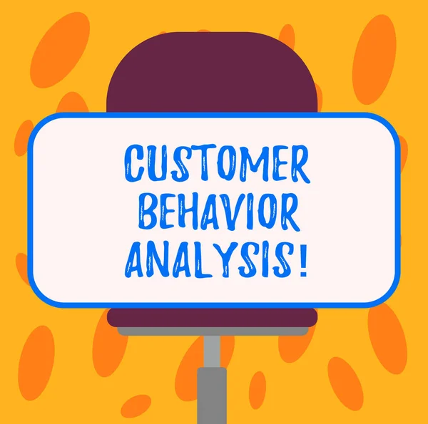 Writing note showing Customer Behavior Analysis. Business photo showcasing buying behaviour of consumers who use goods Blank Rectangular Shape Sticker Sitting Horizontally on a Swivel Chair.