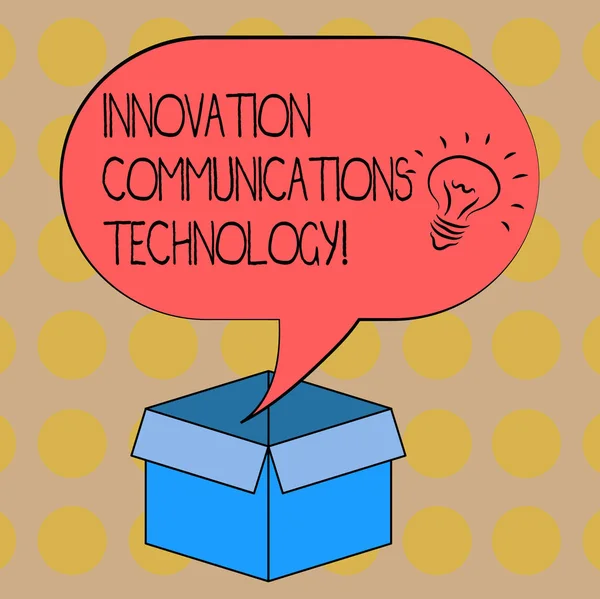 Ordet skriver text Innovation kommunikationsteknik. Affärsidé för förbättring i tjänster och enheter idé ikonen inuti tom halvton tal bubbla över en öppen kartong. — Stockfoto