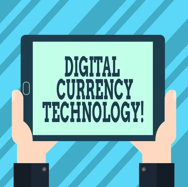 Text sign showing Digital Currency Technology. Conceptual photo currency available in digital or electronic form Hu analysis Hand Holding Blank Screen Tablet Smartphone Display Unit photo.