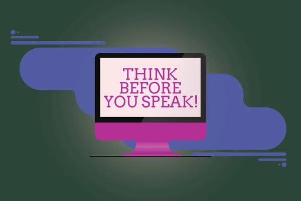 Signo de texto que muestra Think Before You Speak. Foto conceptual Considere lo que va a decir antes de hacerlo Monitor de computadora montado Pantalla reflejada en blanco en fondo abstracto . —  Fotos de Stock