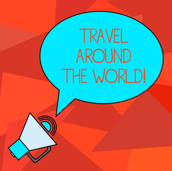 Conceptual hand writing showing Travel Around The World. Business photo showcasing Traveling abroad know new places tourism trip Oval Outlined Speech Bubble Text Balloon with Sound icon. — Stock Photo, Image