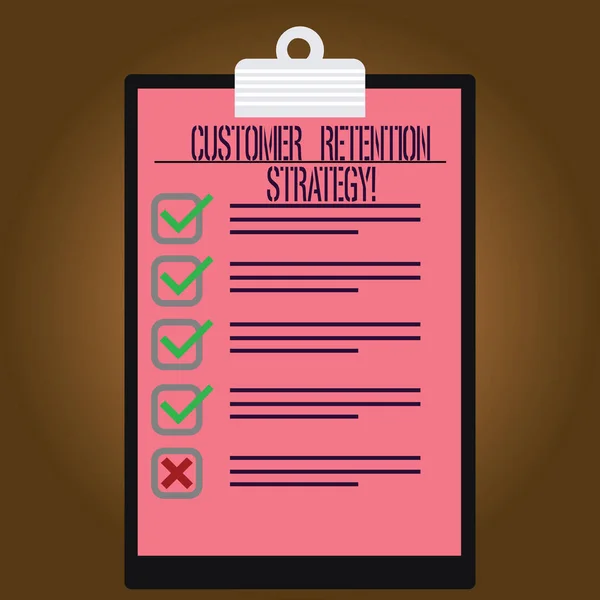 Writing note showing Customer Retention Strategy. Business photo showcasing Actions to retain as analysisy customers as possible Lined Color Vertical Clipboard with Check Box photo Blank Copy Space.