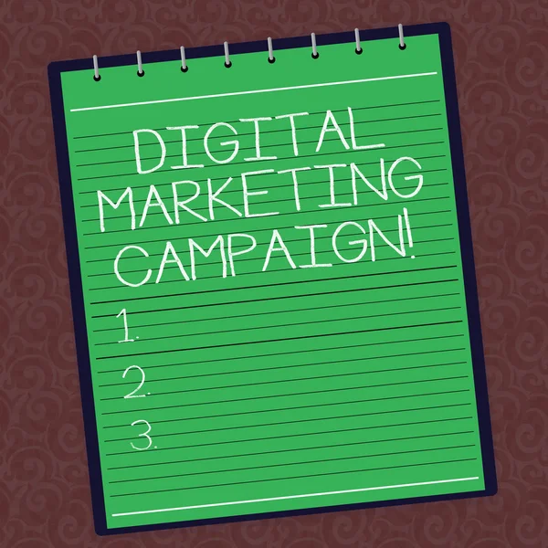 Text sign showing Digital Marketing Campaign. Conceptual photo Online marketing effort to advertise brand Lined Spiral Top Color Notepad photo on Watermark Printed Background.