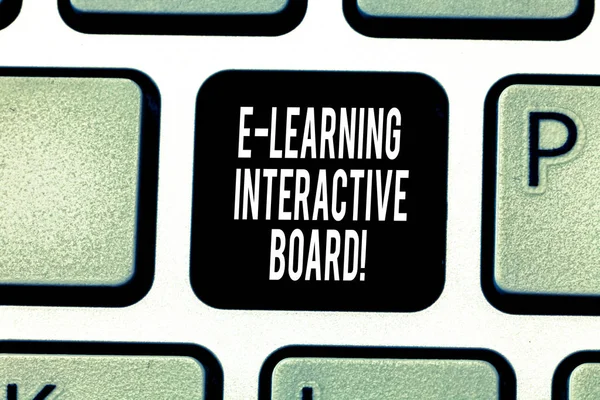 Handwriting text writing E Learning Interactive Board. Concept meaning integrated set of interactive online services Keyboard key Intention to create computer message pressing keypad idea.