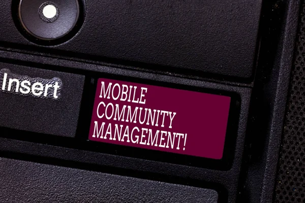 Word writing text Mobile Community Management. Business concept for building relationships with online community Keyboard key Intention to create computer message pressing keypad idea.