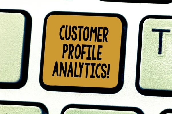 Conceptual hand writing showing Customer Profile Analytics. Business photo showcasing Customer profile or target market analysis Keyboard key Intention to create computer message idea.