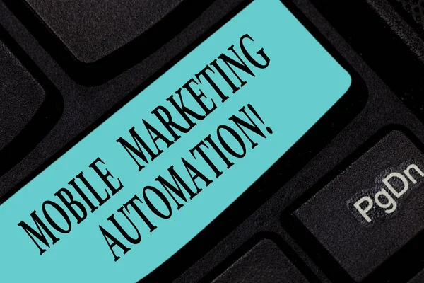 Text sign showing Mobile Marketing Automation. Conceptual photo automate mobile marketing tasks and processes Keyboard key Intention to create computer message pressing keypad idea.