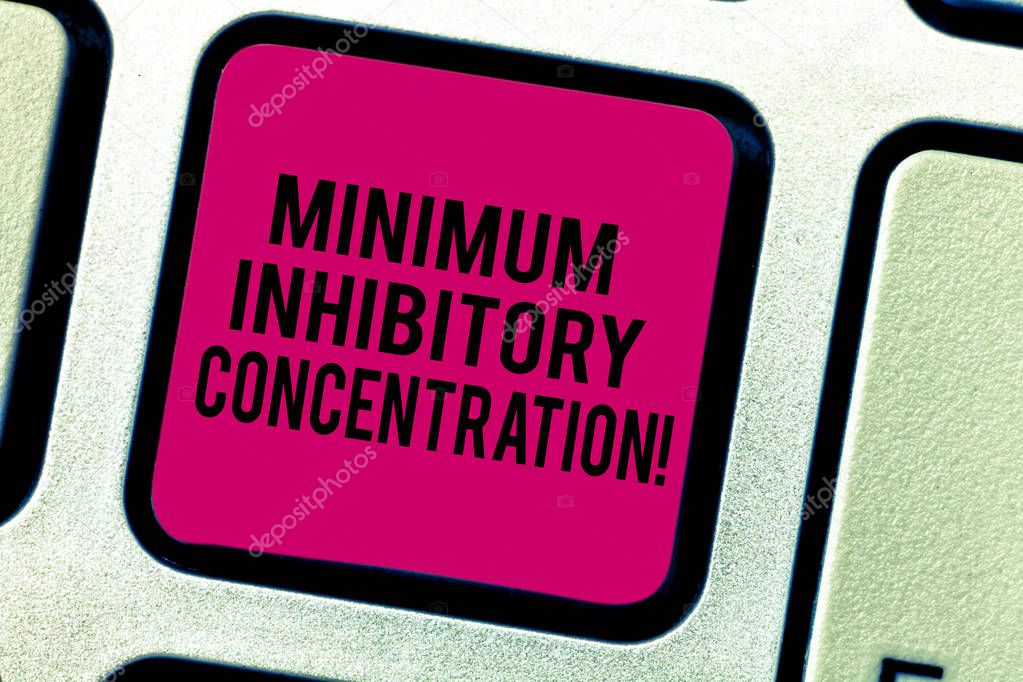 Text sign showing Minimum Inhibitory Concentration. Conceptual photo lowest concentration of a chemical Keyboard key Intention to create computer message pressing keypad idea.