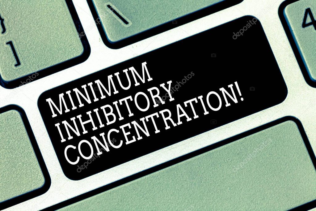 Word writing text Minimum Inhibitory Concentration. Business concept for lowest concentration of a chemical Keyboard key Intention to create computer message pressing keypad idea.