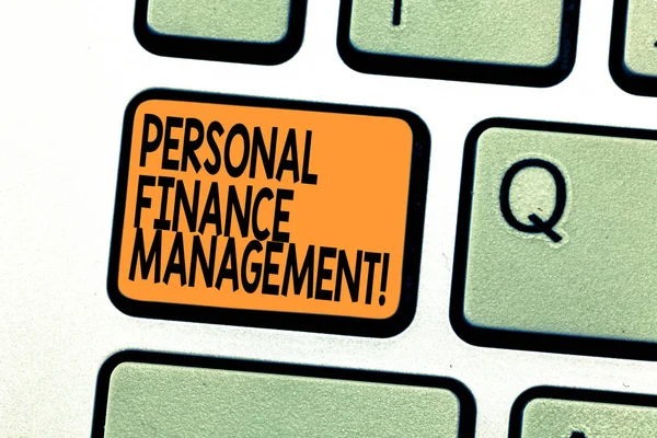 Text sign showing Personal Finance Management. Conceptual photo analysisaging income, expenses and investment Keyboard key Intention to create computer message pressing keypad idea.