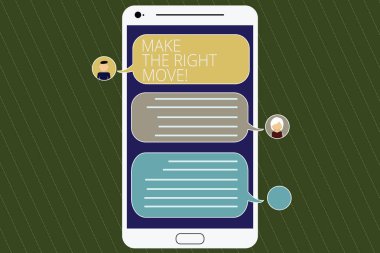 Word metin olun sağ Move yazma. İş kavramı almak doğru kararlar ve eylemler Mobile Messenger ekranı sohbet başkanları ve boş renk konuşma balonları ile başarı elde etmek için.