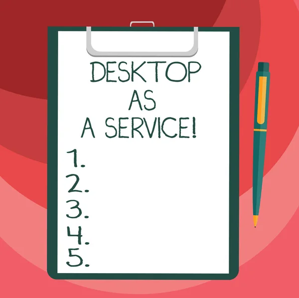 Tekst teken weergegeven: Desktop As A Service. Conceptuele foto Daas cloud computing-het aanbieden van hosting terug einde blanco blad van Bond papier op Klembord met een klik op balpen tekst ruimte. — Stockfoto