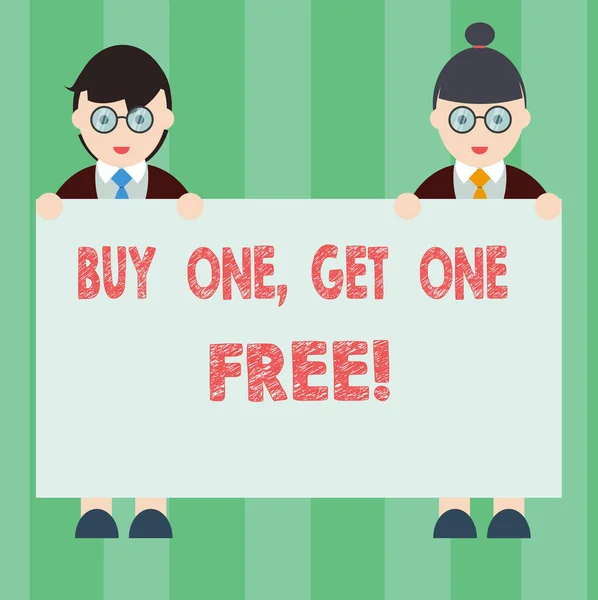 Handwriting text writing Buy One Get One Free. Concept meaning Promotion discount special offering in gift card Male and Female in Uniform Standing Holding Blank Placard Banner Text Space.
