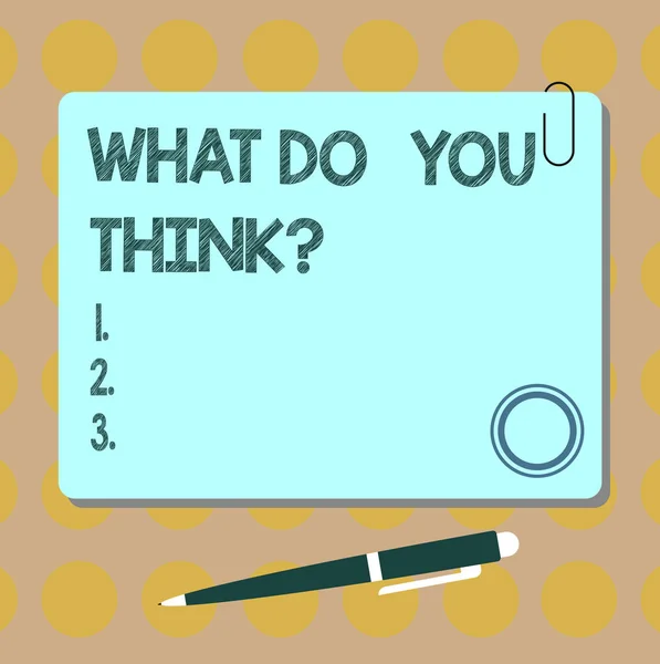 Conceptual hand writing showing What Do You Thinkquestion. Business photo showcasing Tell us the things that are in your mind Square Color Board with Magnet Click Ballpoint Pen and Clip. — Stock Photo, Image
