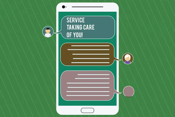概念的な手書きのあなたを世話するサービスを示します。ビジネス写真提供支援専門家アドバイス アイディア携帯メッセンジャー画面でチャットのヘッドと吹き出しを紹介. — ストック写真