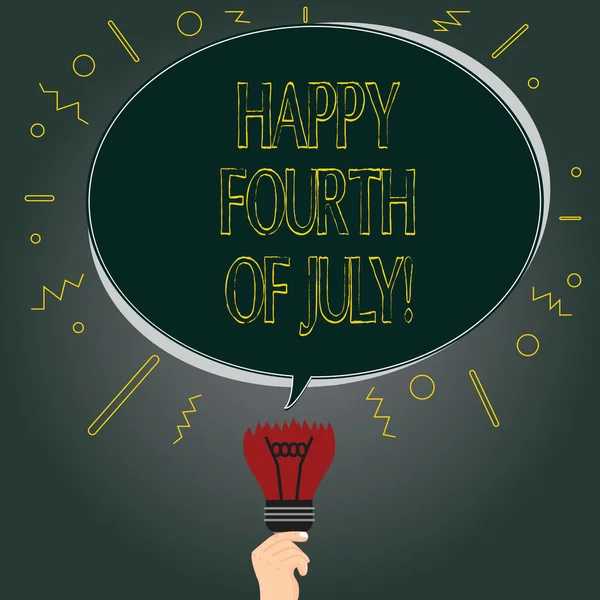 Handgeschreven tekst Happy Fourth Of July. Concept, wat betekent dat de dag van de onafhankelijkheid van de Verenigde Staten van Amerika viering lege ovaal kleur toespraak Bubble boven een gebroken lamp met mislukte idee pictogram. — Stockfoto