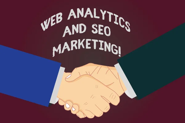 Web Analytics ve Seo pazarlama gösterilen Not yazma. Arama motoru optimizasyonu hu analiz sallayarak elleri anlaşması işaret saygı ve onur reklam vitrine iş fotoğraf. — Stok fotoğraf