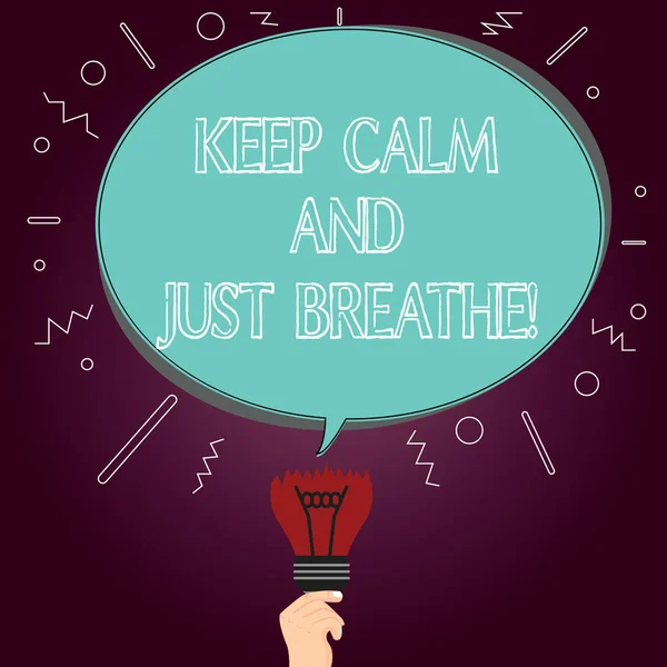 Word writing text Keep Calm And Just Breathe. Business concept for Take a break to overcome everyday difficulties Blank Oval Color Speech Bubble Above a Broken Bulb with Failed Idea icon.