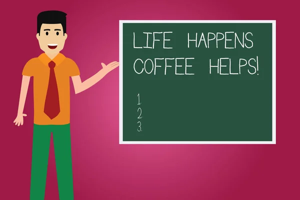 Word writing text Life Happens Coffee Helps. Business concept for Have a cup of a hot beverage to cheer up Man with Tie Standing Talking Presenting Blank Color Square Board photo.