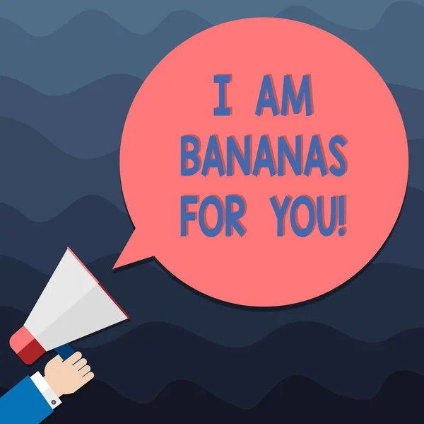 Κείμενο πινακίδα που δείχνει εγώ είμαι μπανάνες για εσάς. Εννοιολογική φωτογραφία να είναι τρελός για κάποιον αγαπημένο ευτυχισμένο συναίσθημα Hu ανάλυση χέρι εκμετάλλευση τηλεβόα κενό γύρο χρώμα συννεφάκι ομιλίας φωτογραφία. — Φωτογραφία Αρχείου