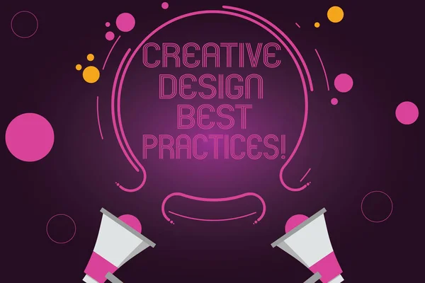 Word writing text Creative Design Best Practices. Business concept for High creativity good perforanalysisce ideas Two Megaphone and Circular Outline with Small Circles on Color Background. — Stock Photo, Image
